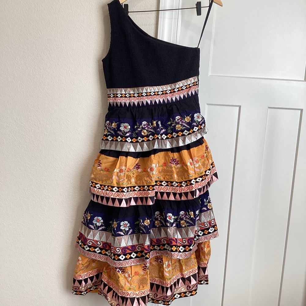 🐘Anthropologie Embroidered Midi Dress One-Shoulder Tiered Dress New 8 Black - Picture 5 of 15